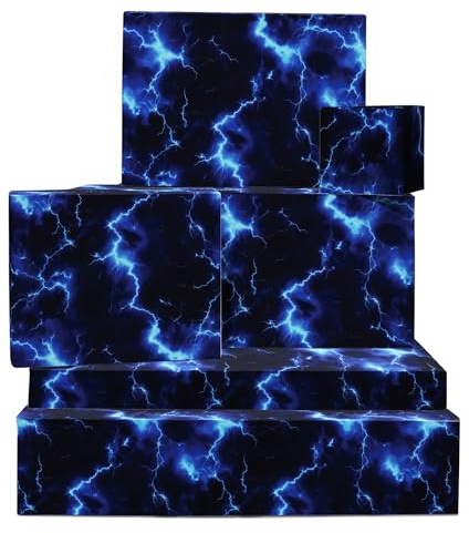 Papier Cadeau Anniversaire Pour Homme – Foudre – Noir Et Bleu – 6 Feuilles De Papier Cadeau Avec Étiquettes Pour Enfant Garçon – Livré Avec Autocollants – Recyclable – Par Central 23