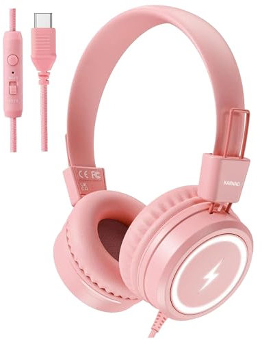 KONNAO Auriculares infantiles USB tipo C con luces LED, limitador de seguridad, 85/94 dB, plegables