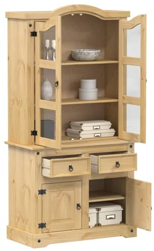 Willood Vitrine Corona 100x48,5x179 cm Massivholz Kiefer Vitrinenschrank mit Glastüren Metallgriffe, Glasvitrine für Wohnzimmer Schlafzimmer, Hochschrank Bücherschrank