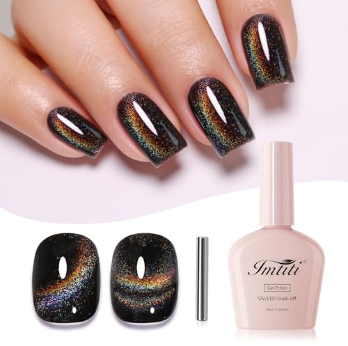 Imtiti Vernis Semi Permanent Magnétique, Arc-en-ciel Noir Pailleté Cat Eye Vernis Gel UV Avec Aimant Cateye Gel Nail Polish Holographique Glitter Galaxy Vernis À Ongles Gels Nail Art Kit 10ML