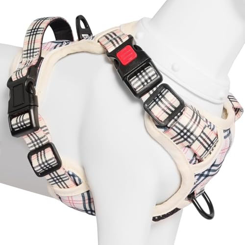 BaoCheng Hundegeschirr Anti Zug Hundegürtel,Kleine/mittlere/große Hunde,Atmungsaktives Mesh, Einfaches Be-und Entladen,3 Schnallen, Sicherheit,Reflektierend(Kariertes Beige,S)