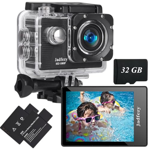 Jadfezy Camera Sport 1080P FHD avec Carte Mémoire 32GB,Etanche 30M Caméra d'action Grand Angle, avec Deux Piles Rechargeables 900 mAh Caméra Sport et kit d'accessoires(Nouveau 2025)