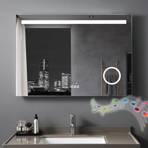 LISA Miroir salle de bain lumineux 80 x 60 cm miroir mural LED salle de bain avec eclairage - Bluetooth, Anti-buée, 3 Lumières Couleurs Dimmables, Horloge, Prise, Loupe 3X, Rectangulaire, tactile