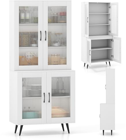 KOMFOTTEU Aparador de Cocina con 4 Puertas Transparente, Armario Buffet de 5 Niveles con Estantes Ajustables, Mueble de Almacenamiento, Armario Despensa para Comedor, Salón, 80 x 40 x 179 cm (Blanco)