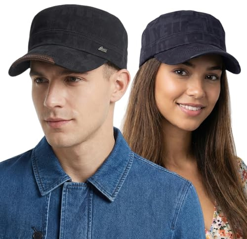 HIQIU 2 stycken bomull militärkeps herr armékeps cadet hatt, unisex vintage militär armé platt keps justerbar basebollkeps, Svart + marinblå, M-L