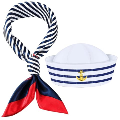 BESPORTBLE Cappello Da Marinaio Blu e Bianco Set Sciarpa Per Uomo e Donna Accessori Per Costume Da Capitano Vestibilità Comoda e Sicura Per Feste Tema