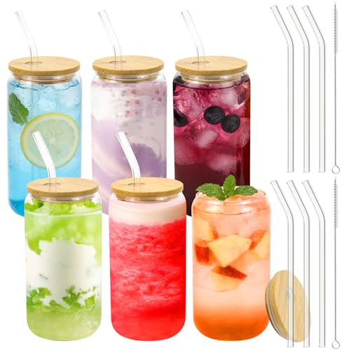 Mjuthy Bicchieri con cannuccia in vetro da 500 ml, 6 pezzi, con coperchio Ideali per tè, bevande, succhi, caffè freddo, latte macchiato, frullati, cocktail e whisky