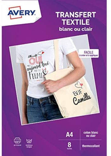 AVERY - Paquete de 8 papeles de transferencia para camisetas o textiles blancos o transparentes, personalizables e imprimibles, tamaño A4, impresión por inyección de tinta
