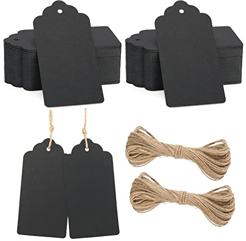 jijAcraft 100PCS Black Gift Labels, Kraft Paper Tags 10x5cm Craft Hang Tags with String for Crafts Wedding Favours