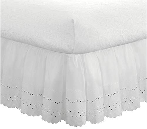 FRESH IDEAS Cache-sommier à Volants avec œillets et détails brodés, Longueur de Chute 35,6 cm, Style froncé, King Size, Blanc
