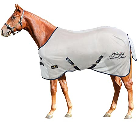 Horses, Coperta Antimosche in Rete Silver Sheet, per la Stagione Estiva, Riflette Luce e Calore, Tessuto in Rete Fitta Contro Mosche ed Insetti, Grigio 128 cm