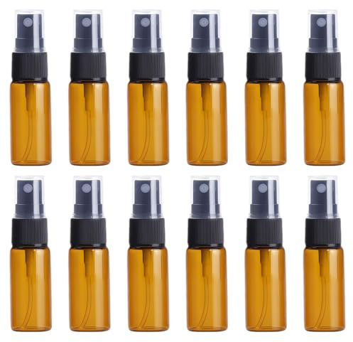 12 bottiglie in vetro ambrato vuote, rotonde, con atomizzatore trasparente, perfette per oli essenziali, aromaterapia e altri prodotti cosmetici (15 ml)
