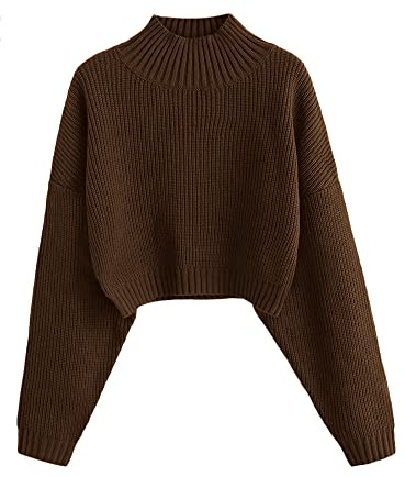 ZAFUL Women's Cropped Turtleneck Sweater Lantern Sleeve Ribbed Knit Pullover Sweater Jumper (1-Deep Brown, S)