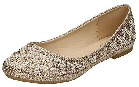 Spot On Ladies Diamante Bead Ballerinas F80385 - Rose Gold Glitter - UK Size 6 - EU Size 39 - US Size 8