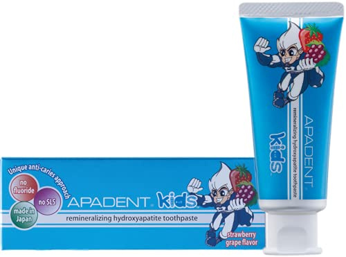 APADENT® KIDS Remineralisierende nano-Hydroxyapatit Zahncreme - enthält Xylitol, ohne Fluorid und SLS, gering schäumende Formel | 60 g| Entwickelt für junge Zähne | Erdbeer-Traube-Geschmack
