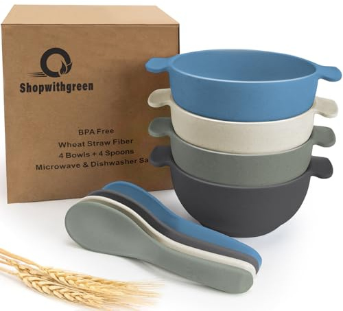 shopwithgreen Unbreakable Kids Bowls -Microwave Dishwasher Safe- Wheat Straw Snack Bowl Sets for Kids and Toddler-4 Bowls and 4 Spoons, Lightweight and Durable, 14 OZ