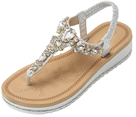 JOMIX Sandali Donna Eleganti Estive Comodi Sandali Bassi Gioiello con Tacco Largo SD8113-11 (Argento, 37 EU)
