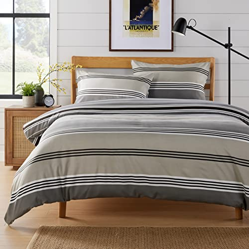 Olivia Rocco Easy Care Printed Duvet Cover Set 100% Polyester Breathable Stylish Comforter Reversible Quilted Bedding Bed Sets With Pillowcases HARLOW STRIPES DUVET SET, GREY SINGLE