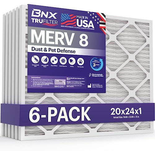 BNX TruFilter 20 x 24 x 1 luftfilter MERV 8 (6-pack) - TILLVERKAD I USA – damm- och husdjursförsvar, elektrostatisk veckad luftkonditionering, HVAC ugnsfilter för damm, husdjur, form, Pollen, MPR 600