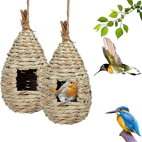 Vogelnest Gras, 2 Stück Gras Bird Nest, Vogelhäus, Handgewebte Vogelhäuser, Vogelhäus zum Aufhängen für Wellensittich Meise, Kanarienvogel, Amsel, Hummingbird, Rotkehlchen (Farbe der Stämme, A)