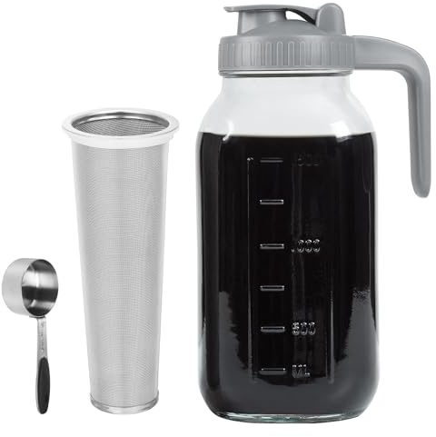 Xylanor Cold Brew Coffee Maker Pitcher, 64 OZ Heavy Duty Glass Wide Mouth Mason Jar Pour Spout Airtight Lid with Stainless Steel Infuser Filter for Iced Coffee, Ice Tea, Brewed Making