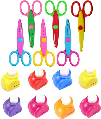 Kinder Bastelscheren Set, 6 Stk. Kinder Zickzackschere 8 Stk. Papierstanzer mit verschiedenen Schnittmustern Bunte Kinderschere für Stempel Kreatives Basteln Deko DIY Fotogestaltung