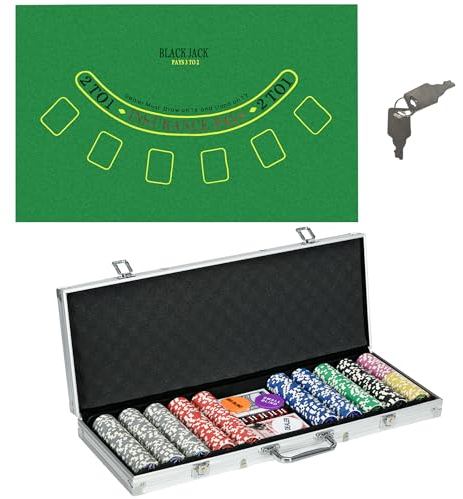 SPORTNOW Pokerkoffer Set, 500 Pokerchips 11,5 Gramm, Pokerset mit Schloss, 2 Pokerdecks, 5 Würfel, 1 Dealer Button, 1 Small Blind,1 Big Blind, Silber