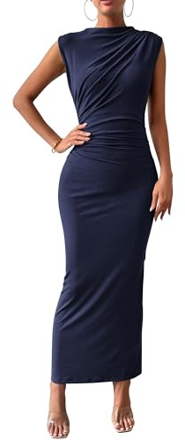 BTFBM Women Ruched Bodycon Maxi Dresses Summer Casual Sleeveless Lightweight Slit Elegant Cocktail Wedding Guest Dress(Navy, Small)