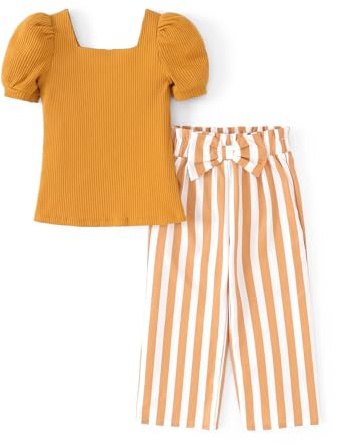 PATPAT Set di Abbigliamento per Bambina Bambino Collo Quadrato Sbuffo Manica Corta Pantaloni a Righe Bambini Primavera Casual Moda T-shirt Vestiti per Ragazze Pantaloni da Completo 3-12 Anni Estate