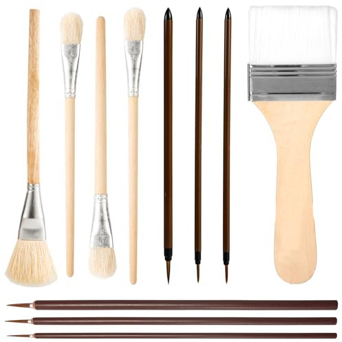11stk Glasurpinsel Keramik Set, Verschiedene Formen Holz Keramikpinsel mit langem Griff Aquarell-Öl-Acryl-Malzubehör Wollkunst-Pinsel-Werkzeuge für Studenten Künstler und Erwachsene