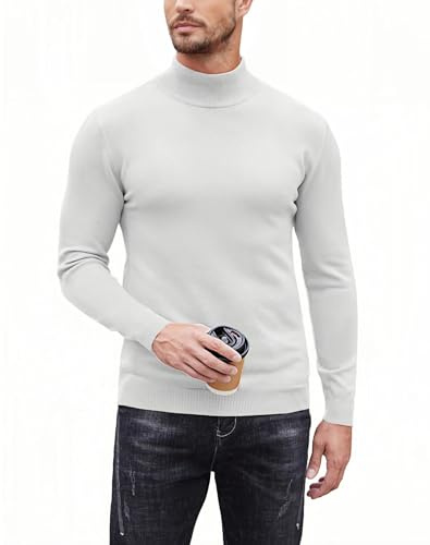 COOFANDY Jersey de Cuello Alto para Hombre Jersey de Cuello Alto de Cuello Alzado Ajuste Ceñido Casual Básico Jersey de Cuello Alto para Hombre Elástico Liso Camisa de Cuello Alto, blanco, XL