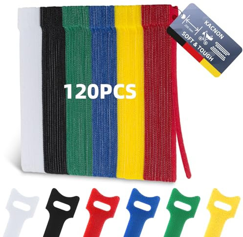 KACNON 120 Pezzi Bridas Reutilizables para Cables, Seis Colores Organizador Cables Corbatas Correa, 150 x 12 mm Ajustable Ataduras con Nylon Gancho y Lazo, para Hogar y Oficina