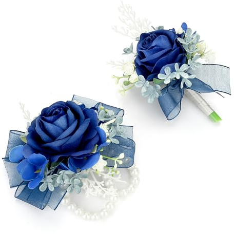 AWARDSEN Corsage Wristlet and Boutonniere Set Blue Wrist Corsage Double Pearl Bracelets Blue Pocket Boutonniere for Men Wedding Prom Party Suit Decor (2 Pack)