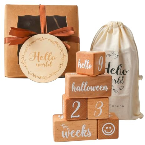 CENPEK Baby Mileage Träblock Baby Vecka Månad År Träblock Set med 6 Baby Age Blocks för månatlig milstolpe Trä Baby Foto rekvisita