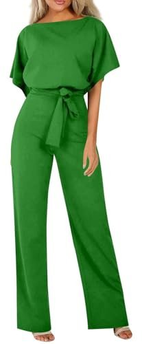 HOOUDO Women's Jumpsuits & Playsuits Summer Short Sleeve Playsuits Ladies Plain Casual Wide Leg Pant Belted Romper Formal Wedding Overalls Baggy One Piece Outfits Dungarees Buy Again My Orders Green