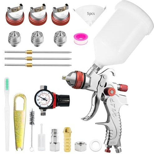 HVLP Professionnel Pistolet à Peinture avec 3 Buses 1,4/1,7/2,0mm Coupelle 600cc Alimentation par Gravité kit de pulvérisation, HVLP Meubles de Voiture Pistolet de réparation (Rouge)
