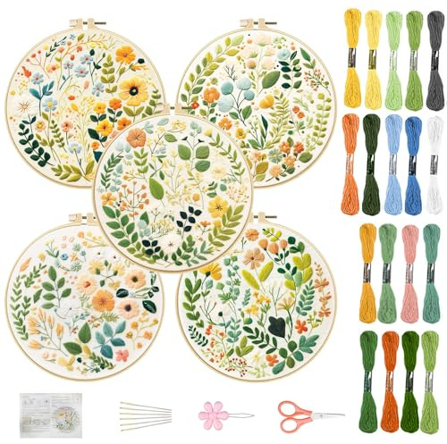 FREEBLOSS 5 kit de Broderie pour Débutants 11.6 kits de Broderie au Point de Croix avec Petits Motifs Floraux Estampés Instructions Fils Colorés 2 cerceau
