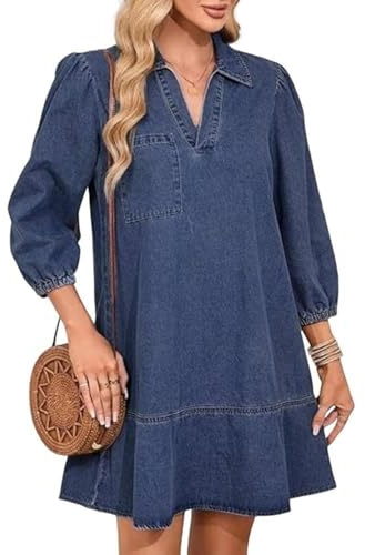 Dam V-ringad puffärm denim lager klänning, babydoll med fickor, avslappnad och blommig, trendig höst, Mörkblått, XS
