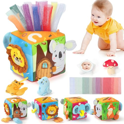 URMYWO Giochi Neonato 3-6 Mesi, Scatola Fazzoletti Sensoriale Montessori e attività Tummy Time con Carta Crespata, Foulard, Specchio Sicuro per Stimolare Sensi e Motricità Fina, Regalo 6 9 12 Mesi