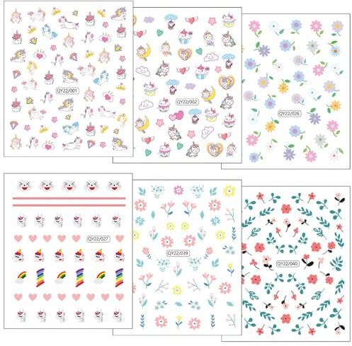 6 Hojas Pegatinas Uñas, 3D Pegatinas Para Uñas Unicornio Flores, 5D Autoadesiva Nail Art Stickers Decoración