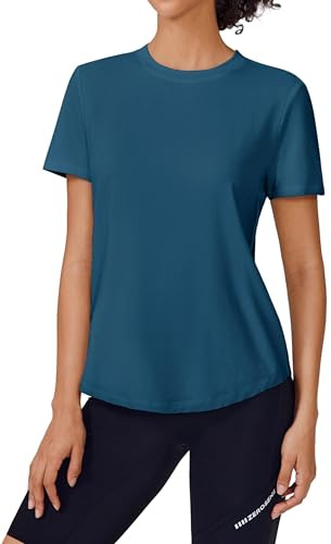 PINSPARK Yoga Shirt Damen Kurzarm Sport Oberteile UPF 50+ Sonnenschutz Funktionsshirt Atmungsaktiv Sommer WorkoutTops Dunkelblau L