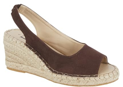 Women's Faux Suede Peep Toe Elasticated Slingback Hessian Espadrille Wedge Sandals (Dark Brown, UK Footwear Size System, Adult, Women, Numeric, Medium, 6)