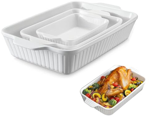 Ceramic Casserole Dish Set of 3 Deep Rectangular Baking Dish, Large Lasagna Pan Deep for Oven, Baking Pan with Handles, Oven Safe and Durable Bakeware for Lasagna, Gifts for Mother.