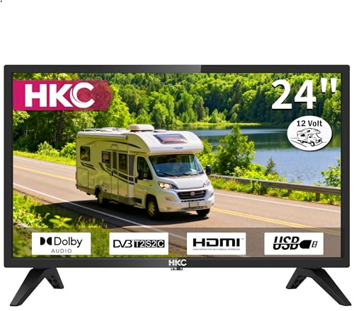HKC 24 inch 12 Volt HD TV, Freeview DVB-T2/C/S2 Dolby Audio, HDMI VGA PC SCART USB, Travel Small Screen TV for Motorhome and Campervan Caravans