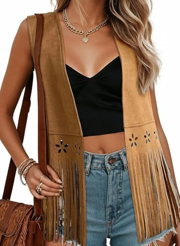 Womens Fringe Vest 70s Hippie Costume Sleeveless Hollow Out Faux Suede Tassel Waistcoat Western Cowgirl Jacket Vest