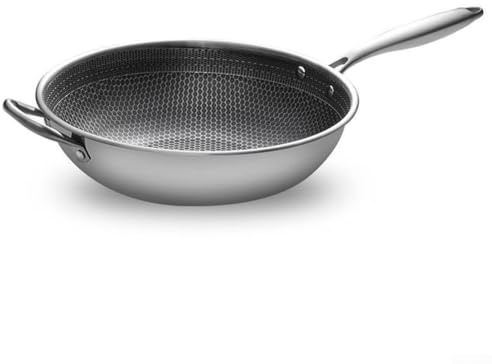 Wok i rostfritt stål med lock för matlagningsvänlig förberedelse, 30/32/34 cm diameter, honungsbikakeliknande yta, rökreducerande, för asiatiska kök och daglig stekning (34 cm)