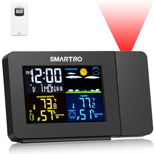 SMARTRO SC91 Projektionswecker für Schlafzimmer mit Wetterstation, Innen-Außenthermometer, Temperatur-Luftfeuchtigkeits-Monitor-Anzeige Hygrometer