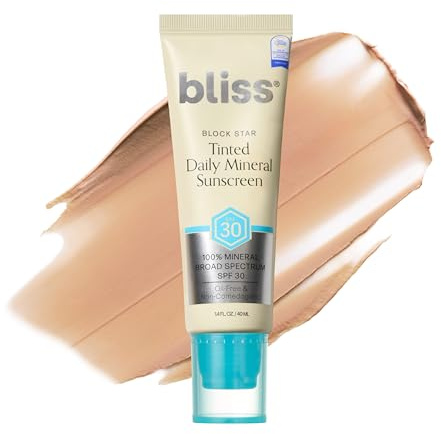 Bliss Block Star SPF 30 Daily Tinted Mineral Sunscreen with Zinc Oxide - All Skin Tones - 100% Mineral Broad Spectrum Sunscreen with Titanium Dioxide & Antioxidant Blend- 1.4 fl oz.