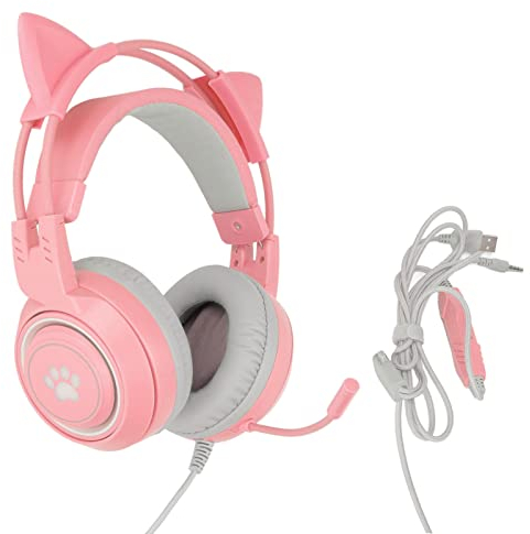 Elprico Casque de Jeu, Oreille de Chat Détachable USB + Prise 3,5 Mm, Casque de Jeu Prend en Le Réglage du Volume du Microphone Muet pour, pour One(Rose)