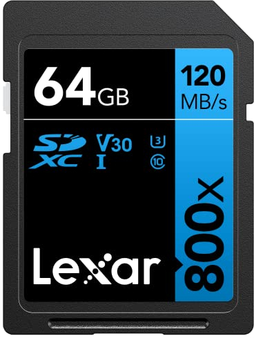 Lexar High-Performance 800x Tarjeta SD 64GB, SDXC UHS-I Tarjeta de Memoria, hasta 120 MB/s de Lectura, Cámaras de apuntar y Disparar, DSLR de Gama Media, Videocámara HD (LSD0800064G-BNNAG)